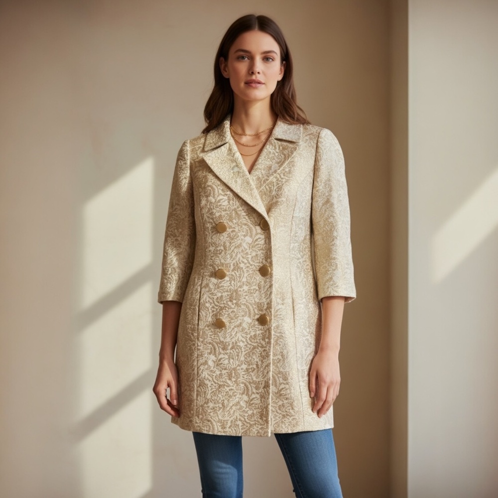 Vintage Kenar Double Breasted Jacket Jacquard Gold and Cream Pearl Buttons Small
